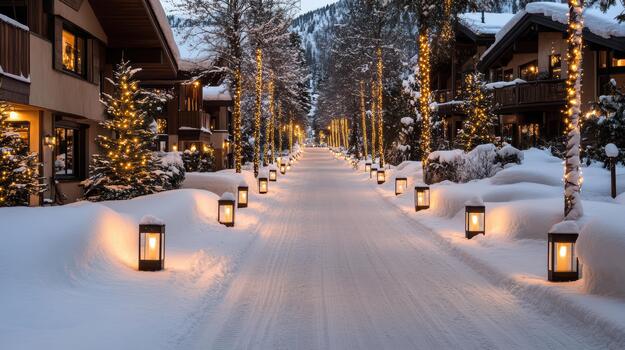 A snowy road lined with lights and trees photo