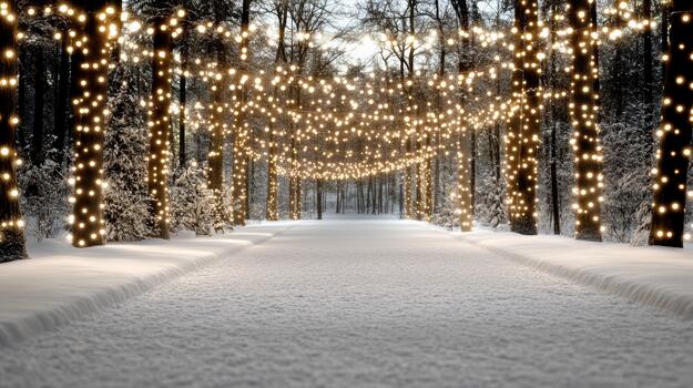A snowy path lined with lights in the woods photo