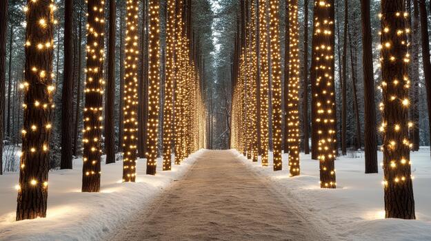 A pathway lined with lights in the snow photo