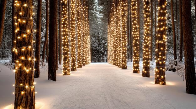 A path lined with lights in the snow photo