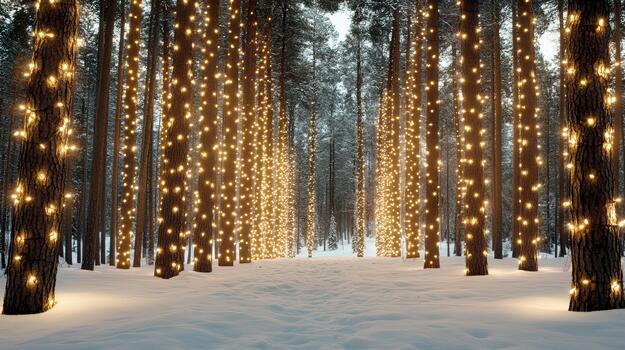 A path through a forest with lights on trees photo