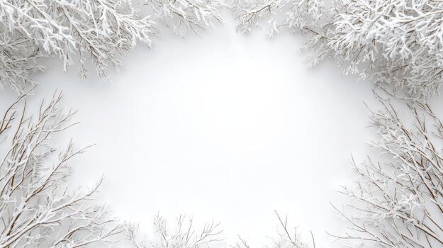 Winter frame with snow covered branches and white background photo