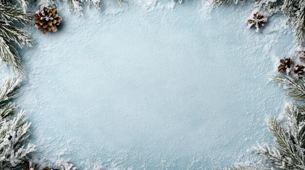 Christmas frame with snow and fir branches on blue background photo