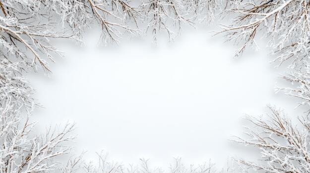 Winter frame with snow covered branches on white background photo
