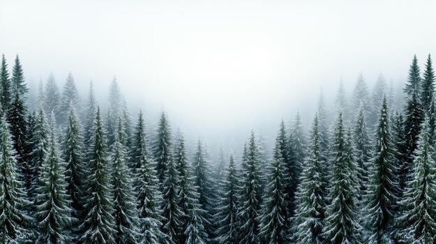 A snowy forest with trees and fog photo