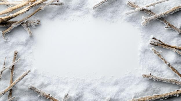 A white square frame surrounded by sticks and snow photo