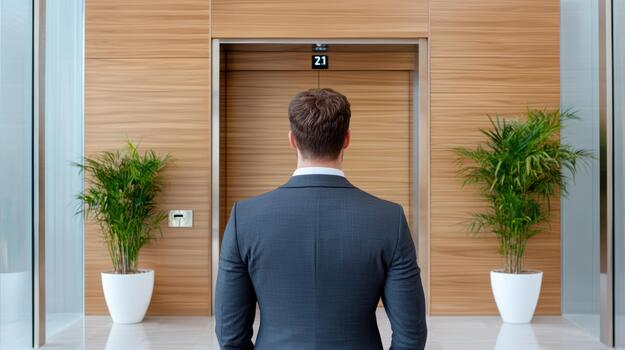 A man in a suit standing in front of an elevator photo