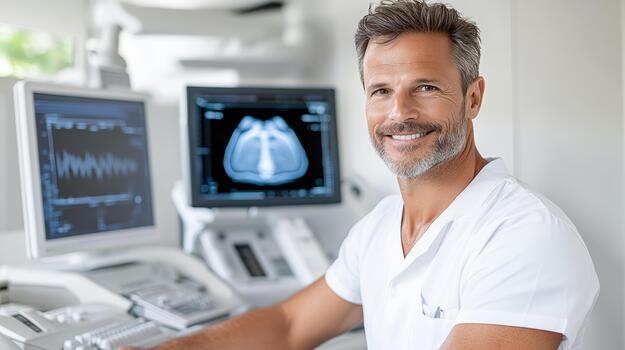 A man in a white shirt sitting in front of a computer photo