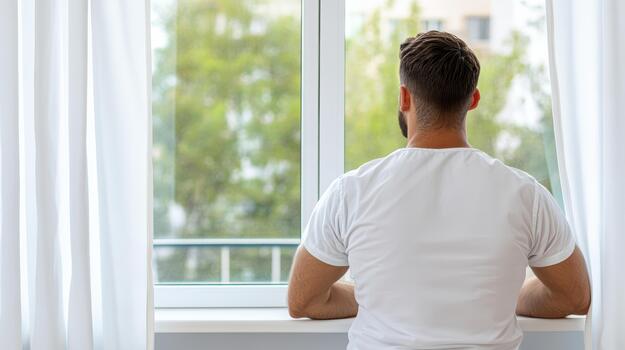 A man sitting in front of a window looking out photo