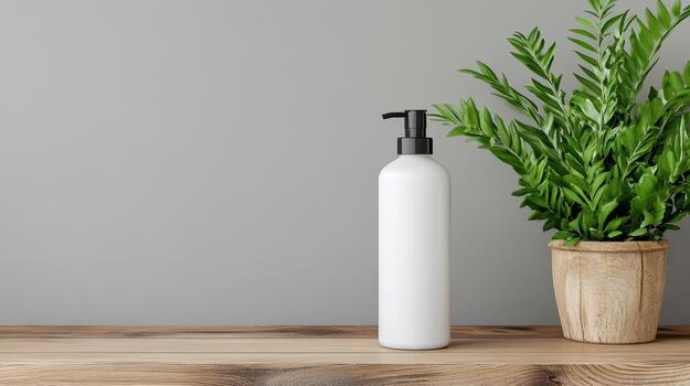 A bottle of soap and a plant on a wooden table 3d rendering photo