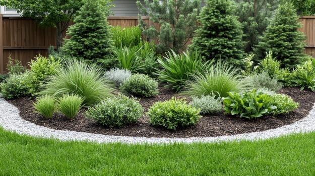A garden with grass, shrubs and trees photo