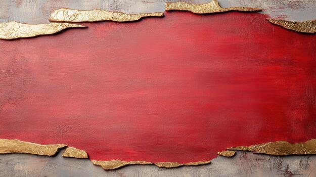 Red and gold frame with torn paper on a grunge wall photo