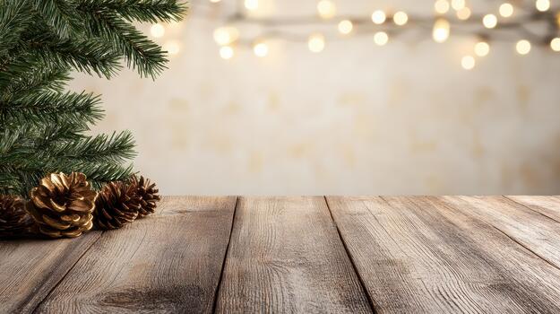 Christmas tree and pine cones on wooden table with blurred lights photo