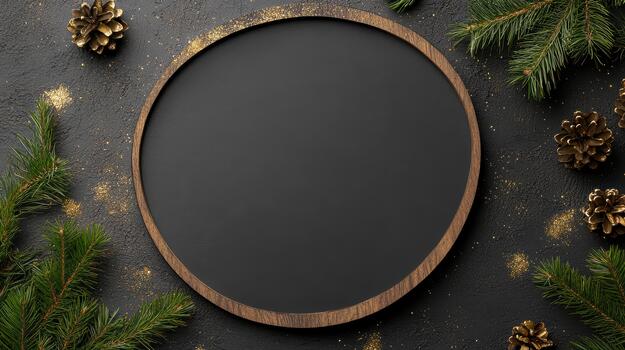 Blackboard frame with pine cones and fir branches on a black background photo