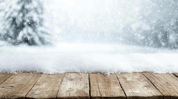 Winter background with snow on wooden table and snowy trees photo