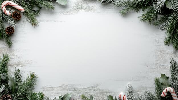 Christmas frame with fir branches and candy canes on a white wooden background photo