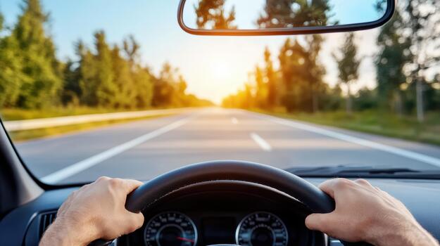 Man driving car on road with sun setting in background photo