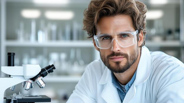A man in a lab coat is looking at a microscope photo