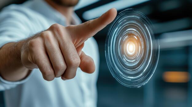 A man pointing at a digital interface with a circular object photo