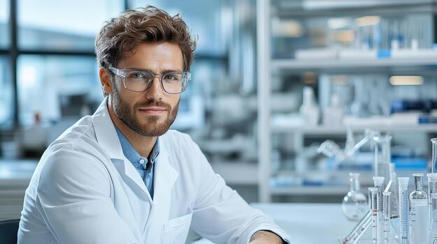 A man in a lab coat is sitting at a table photo