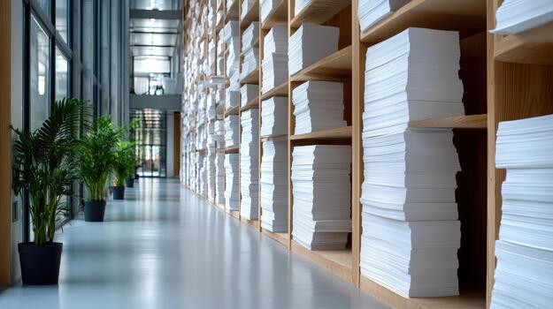 A long hallway with many stacks of paper photo