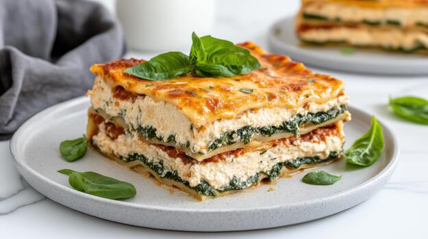 A stack of lasagna on a plate with spinach photo