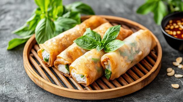 Asian spring rolls with basil and peanuts photo