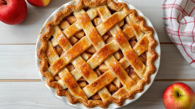 An apple pie with lattice on a white table photo
