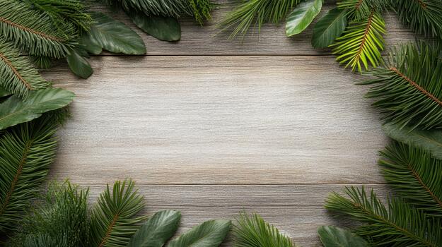 Fresh pine and fir border framing rustic wooden plank background with cozy natural mood photo