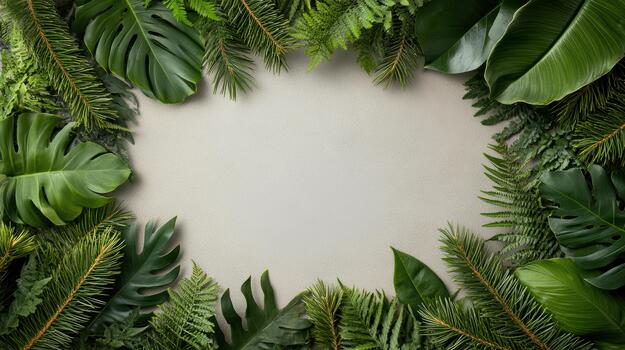 Lush green tropical leaf border with pine and fern framing neutral background, calm mood photo