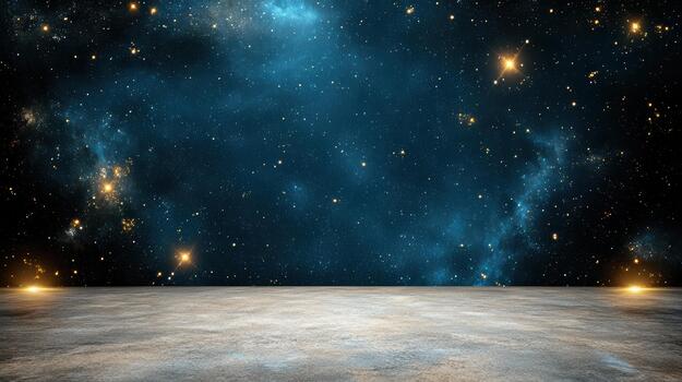Blue cosmic nebula backdrop with twinkling stars and glowing horizon, atmospheric and vast photo