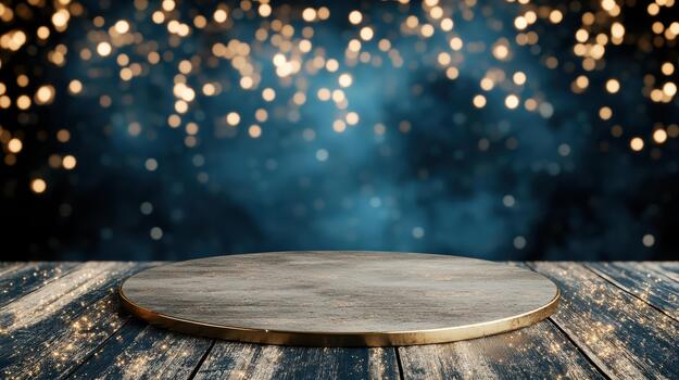 Wooden round podium gold trim on rustic table with festive bokeh lights photo