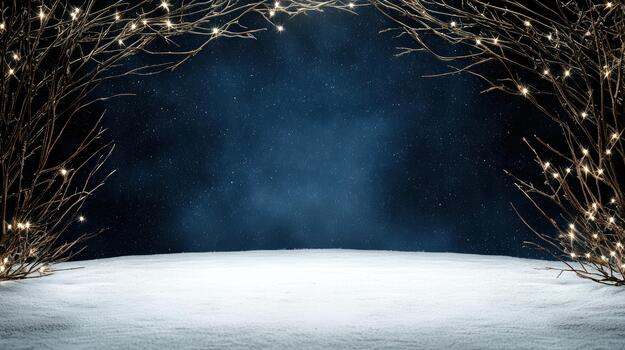 Snow field night sky with glowing twig lights and subtle winter sparkle photo
