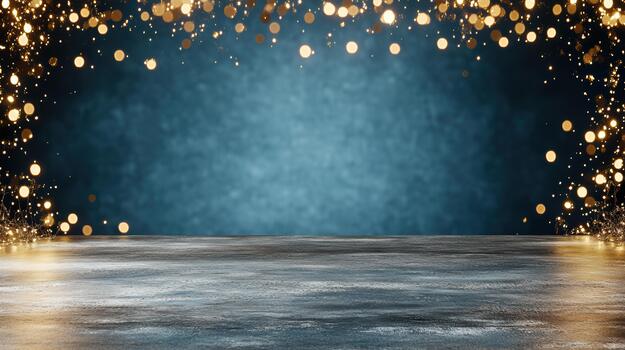 Navy blue backdrop with golden bokeh border and reflective floor, festive glow photo