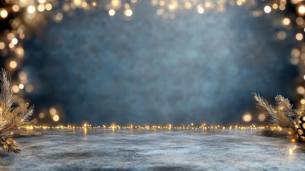 Navy background golden bokeh lights frosted floor festive glow photo