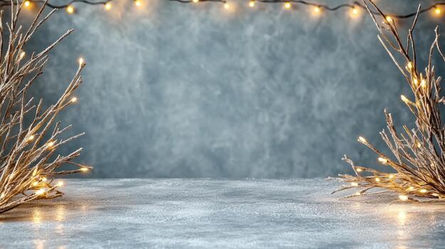 escarchado mesa con centelleo calentar luces y invierno sucursales, acogedor festivo escena foto