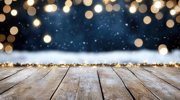 Snow dusted wooden table with warm bokeh lights and festive garland creating cozy winter mood photo