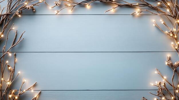 Frosted twig frame with warm twinkling lights creating cozy winter glow photo