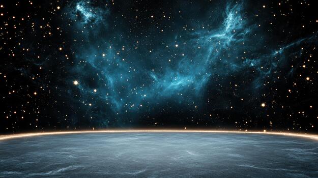 Blue nebula over planet horizon with distant stars creating serene cosmic atmosphere photo