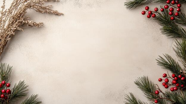 Neutral beige canvas with festive pine branches and red berries creating cozy holiday frame photo