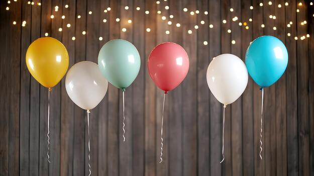 Colorful balloon party strings floating against wooden backdrop with warm string lights photo