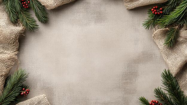 Neutral beige canvas with festive pine branches and red berries, rustic burlap frame evokes cozy photo