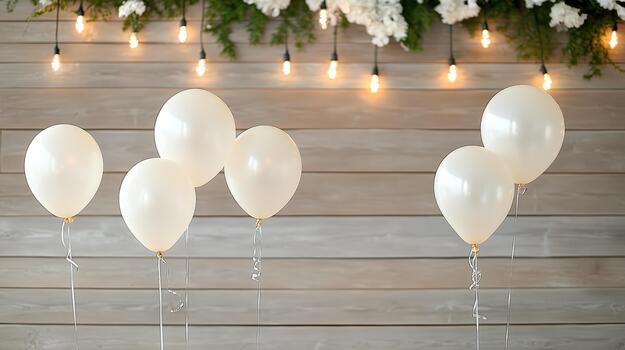 White party balloons with warm string lights and floral garland creating cozy festive scene photo