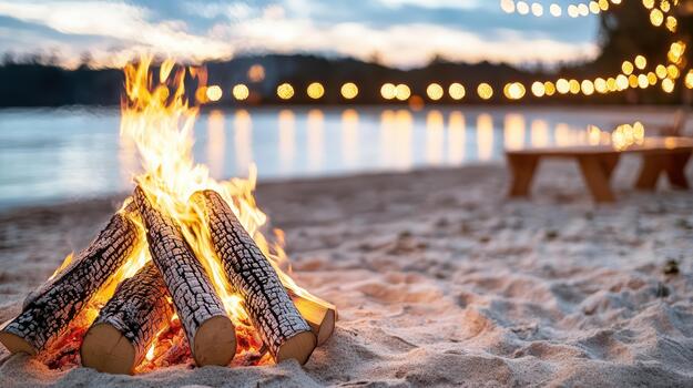 Cozy beach bonfire at sunset with string lights and warm relaxed atmosphere photo