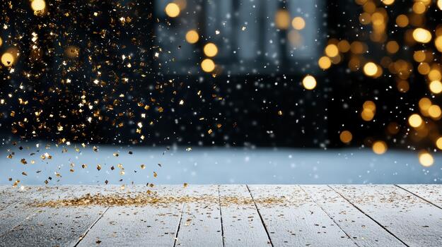 Golden confetti falling over frosted wooden tabletop with bokeh lights creating festive mood photo