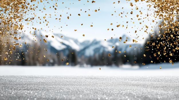 Golden confetti over glittering snowy field with distant mountain forest creating festive calm photo