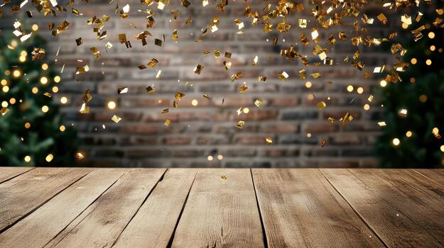 Golden confetti falling from the ceiling over a wooden table photo