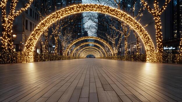 A walkway with a lighted archway in front of a building photo