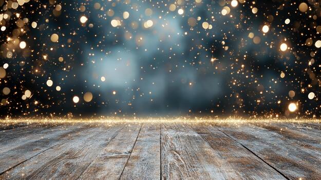 Wooden floor with golden lights and bokeh effect photo