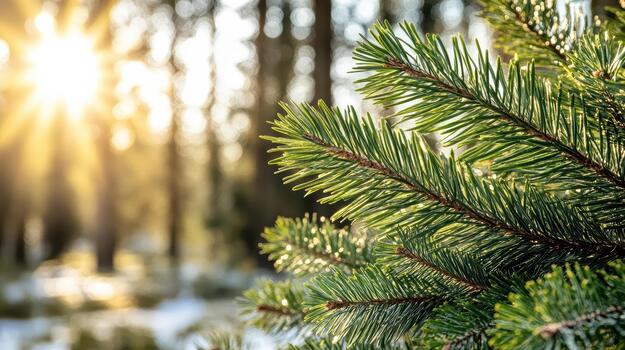 A pine tree in the sun with snow on the ground photo